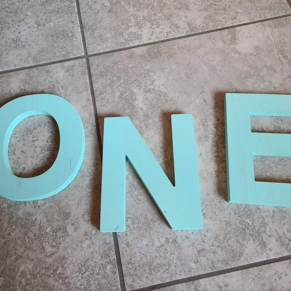 Hand painted (not perfect) mint ONE wooden letters